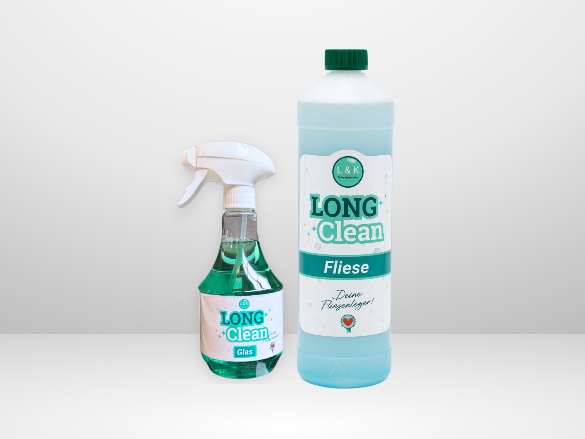 Fliesenreiniger und Glasreiniger Set von Long Clean, ideal für streifenfreie Reinigung im Zuhause.