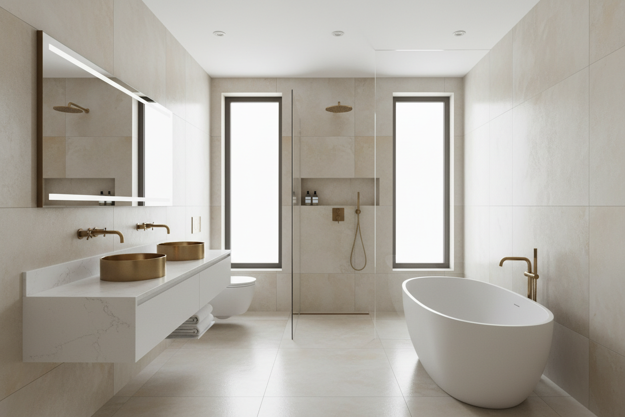 sauberes und modern gefliestes Bad mit großen Fliesen- Edel- Hochwertig. Sauber. Rein 